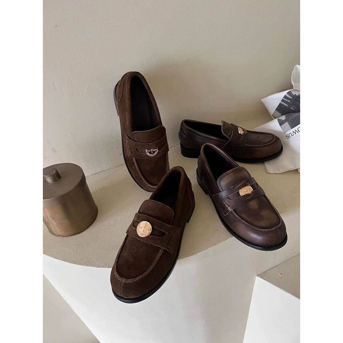 牛皮版~美拉德手工擦色金币绒面复古英伦风一脚蹬真皮单鞋乐福鞋,女鞋,浅口单鞋,淘宝优惠券,粉丝福利购,淘宝优惠卷