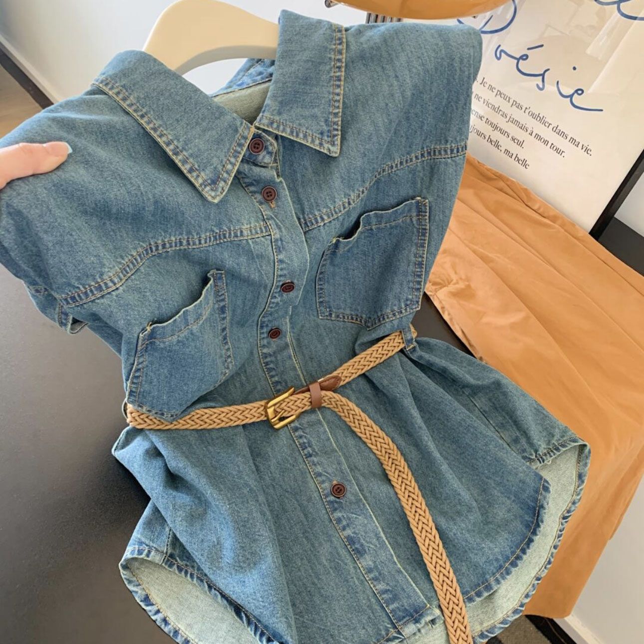 复古气质牛仔衬衫马甲女夏季港风chic中长款收腰翻领无袖背心上衣