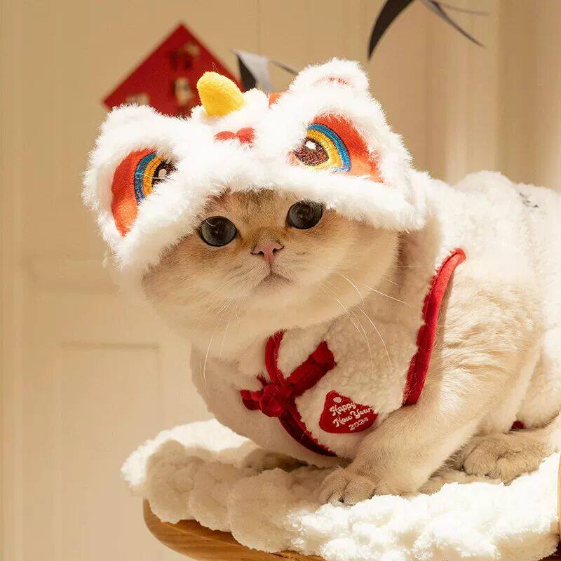 猫咪新年醒狮衣服舞狮帽子头饰装扮宠物过年拜年变装猫咪可爱头套