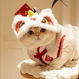 猫咪新年醒狮衣服舞狮帽子头饰装扮宠物过年拜年变装猫咪可爱头套