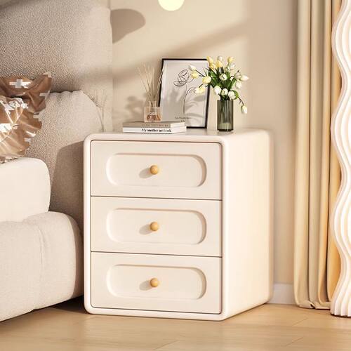 实木奶油床头柜三斗三抽柜新款皮质轻奢家用卧室小型收纳床边柜