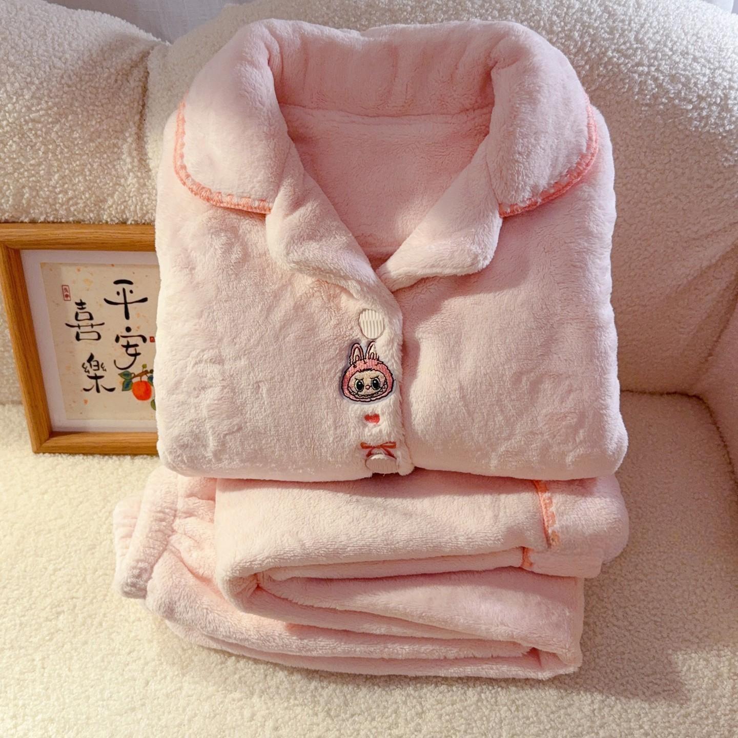 冬季法兰绒labubu少女睡衣保暖加绒加厚儿童女孩珊瑚绒家居服套装