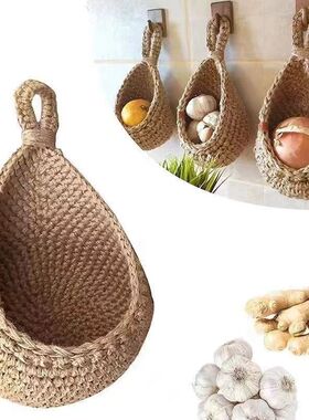 外贸壁挂式编织麻绳蔬菜水果篮厨房挂墙式生姜蒜头储物篮收纳袋