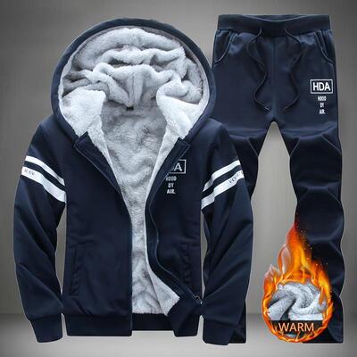 Men's Winter Thick Warm Hooded Sweater Pants Set Long