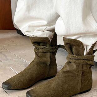 小众设计感白色切尔西靴子蝴蝶结平底方头短靴复古软皮显瘦西部靴