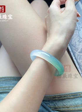冰种油青绿远山黛玉髓圆条手镯半山半水玛瑙女款圆条玉石镯子首饰
