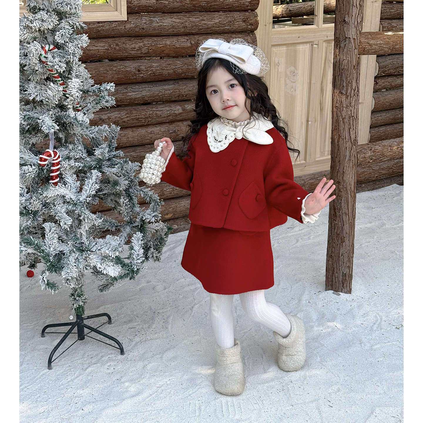 女童拜年服红色套装冬双面呢外套儿童小香风毛呢背心裙女宝公主裙