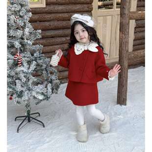 女童拜年服红色套装冬双面呢外套儿童小香风毛呢背心裙女宝公主裙