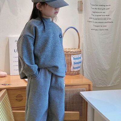 韩国童装2025秋冬新款休闲运动风灰色套装男女童加绒卫衣条纹卫裤