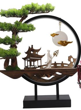 新品中式家居倒流香炉摆件创意迎客松玄关柜客厅办公室书房装饰品