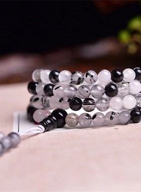 天然黑发晶108佛珠手链 钛晶黑色水墨水晶多圈能量手链