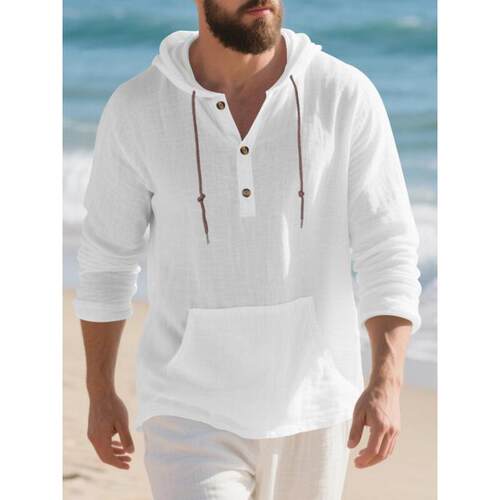 Men's Linen Long Sleeve Hoodie Loose Fit Casual Trendy Home