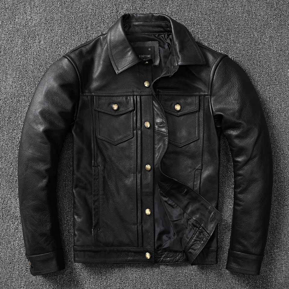 春季新品特价意大利小牛皮头层真皮皮衣男短款翻领牛仔皮夹克机车