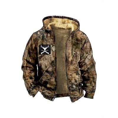 Men's Fleece Lined Camo Jacket with Full Zip Closure Hood