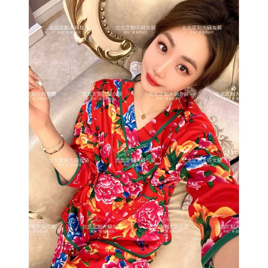 秋冬保暖睡衣女民族国风东北大花七分袖九分裤大码显瘦家居服套装