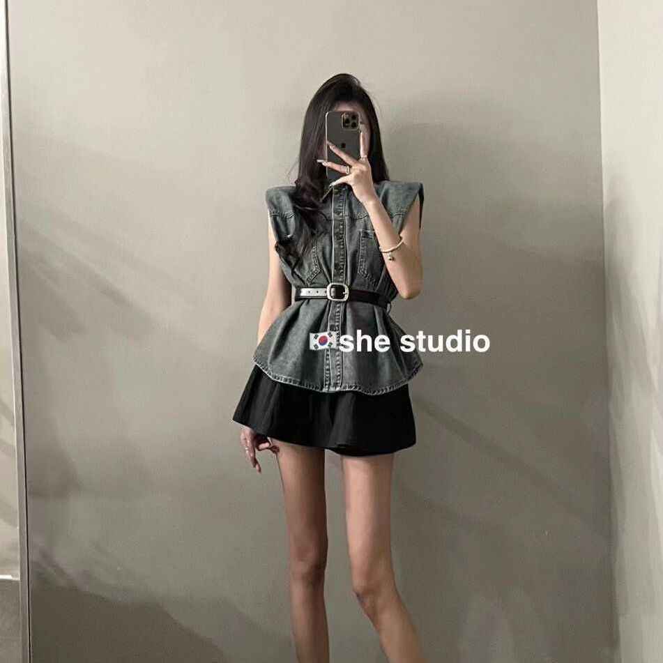 高级感牛仔马甲薄款外套女新款夏季韩版百搭风显瘦配腰带无袖上衣