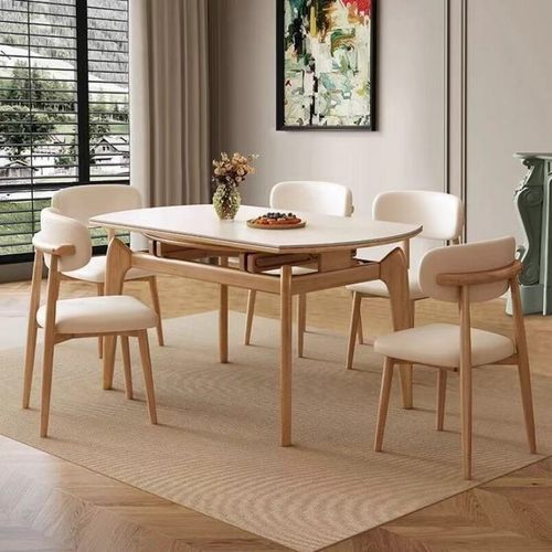 【原木风】高端原木中古风实木轨道岩板餐桌方圆两用餐桌吃饭桌子