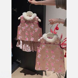 女童中国风碎花旗袍背心裙加厚马甲毛领国风礼服女宝宝冬季拜年服