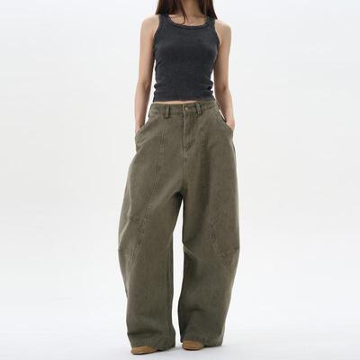 American Retro Green Brown Loose Matchet Pants Men