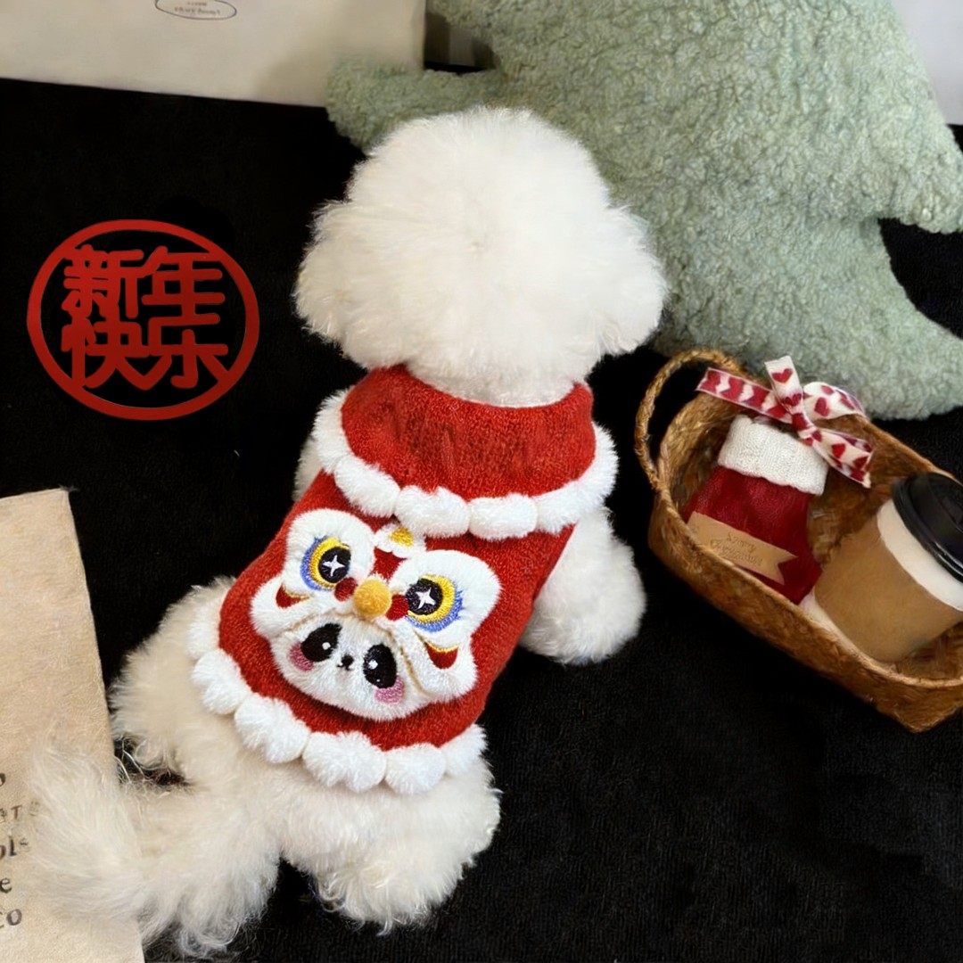 宠物服饰新年熊猫醒狮卡通套头针织衫加绒加厚猫狗通穿