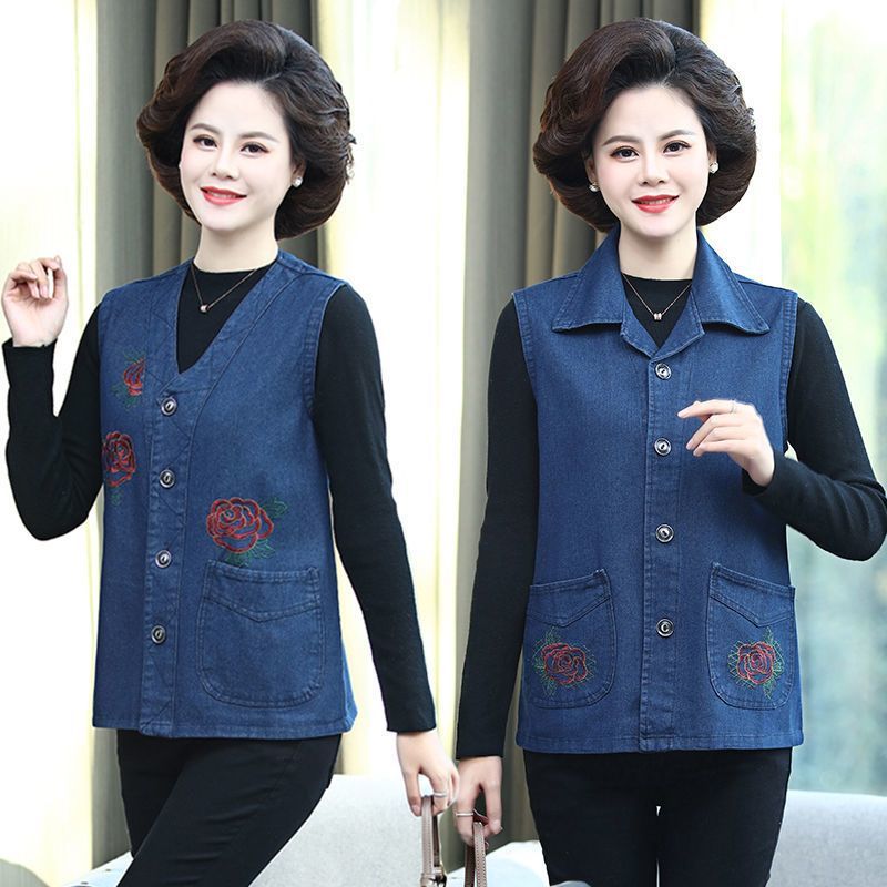 妈妈牛仔马甲女春秋外套中老年加肥大码坎肩无袖宽松薄款棉质马夹
