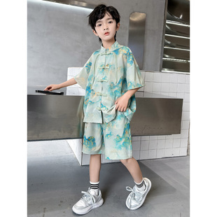 男童新中式汉服夏季潮款薄痞帅儿童短袖衬衫套装宝宝中国风唐宋装