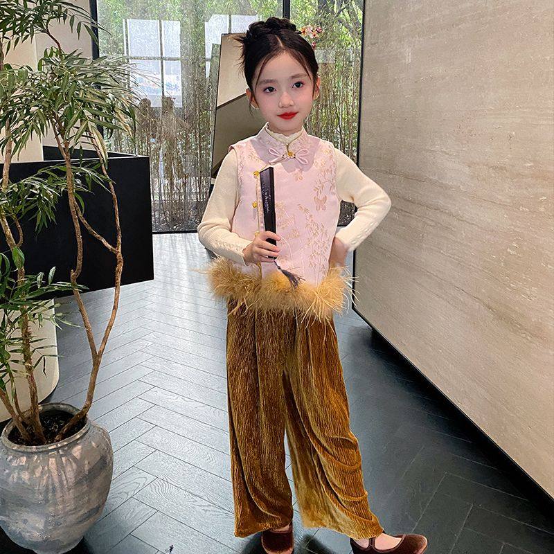 女童拜年服新中式马甲驼鸟毛改良背心2024冬装保暖上衣裤子儿童装