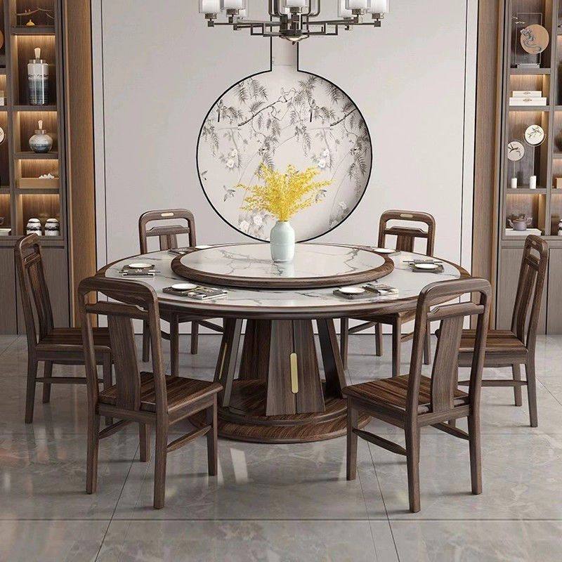 新中式乌金木实木餐桌椅组合现代简约带转盘岩板轻奢家用大圆桌子
