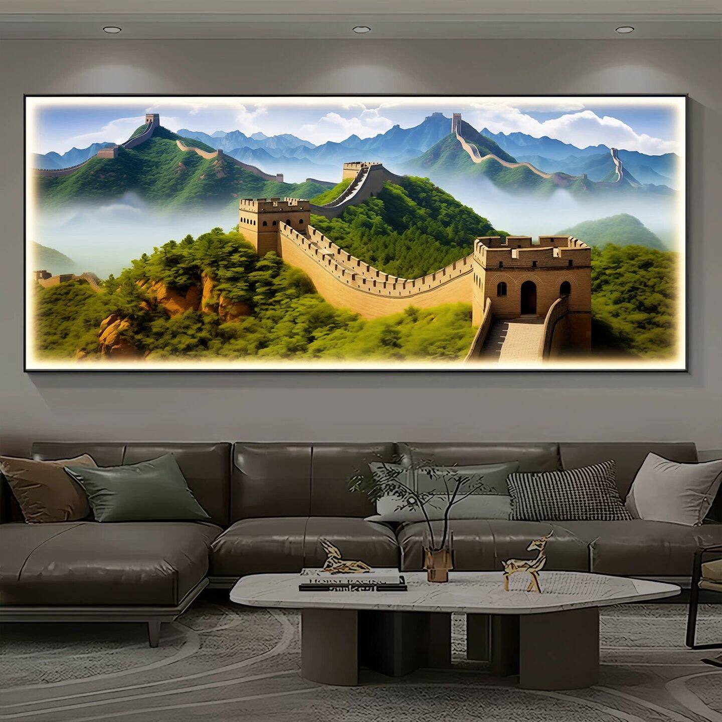 万里长城新款发光镶钻画客厅装饰画大气高档挂画山水画办公室壁画