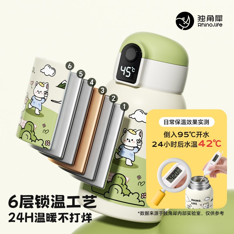 独角犀儿童保温杯可爱吸管智能显温水杯子316L不锈钢便携背带学生