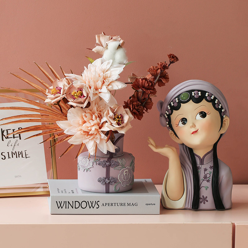 国潮京剧女孩旗袍花瓶摆件客厅插花干花餐桌装饰品电视柜酒柜玄关
