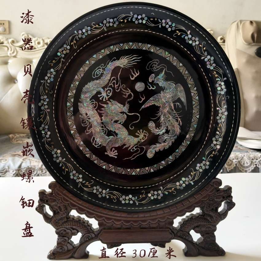 漆器贝壳镶嵌螺钿餐盘脱胎漆艺大碟漆盘手工制家居装饰品圆盘摆件