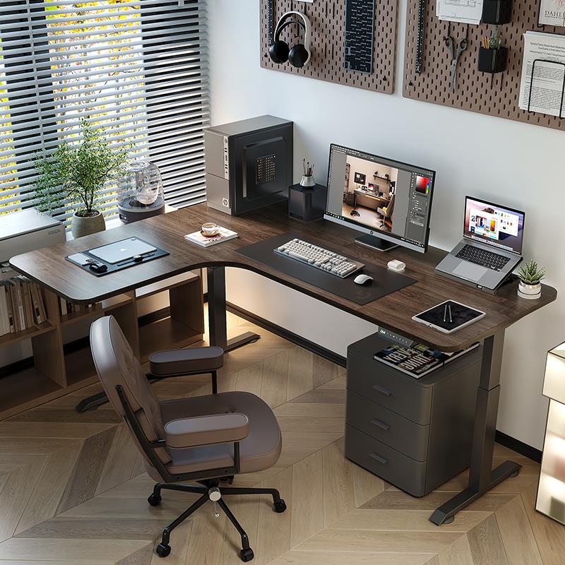 0Jwzo黑胡桃实木转角电动升降书桌拐角智能办公定 制家用学习电脑