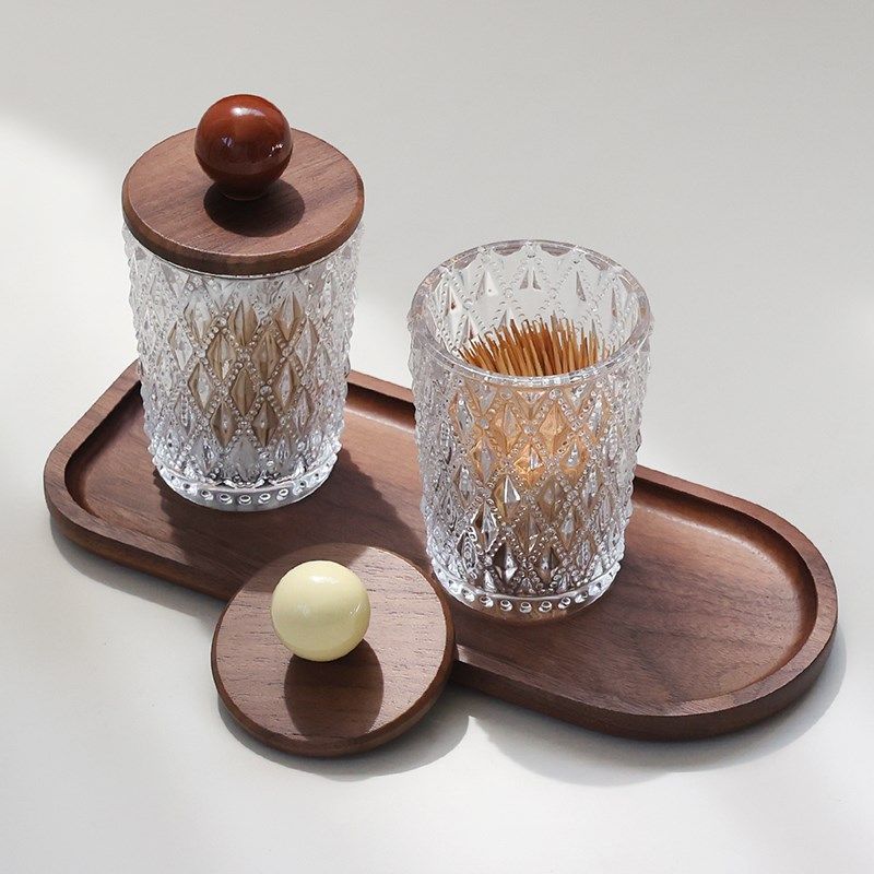 胡桃木实木盖浮雕玻璃罐牙签筒牙线棉签棉棒收纳盒法式奶油中古风,收纳整理,牙签盒,淘宝优惠券,粉丝福利购,淘宝优惠卷