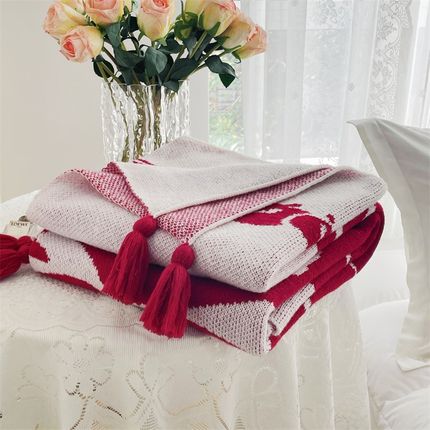 红色发财新中式针织盖毯办公室午睡毯夏天学生小毯子宿舍空调薄毯