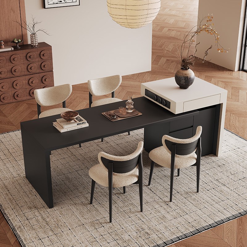 岩板餐桌岛台一体黑色可伸缩v家用客厅2025新款意式厨房岛台餐桌