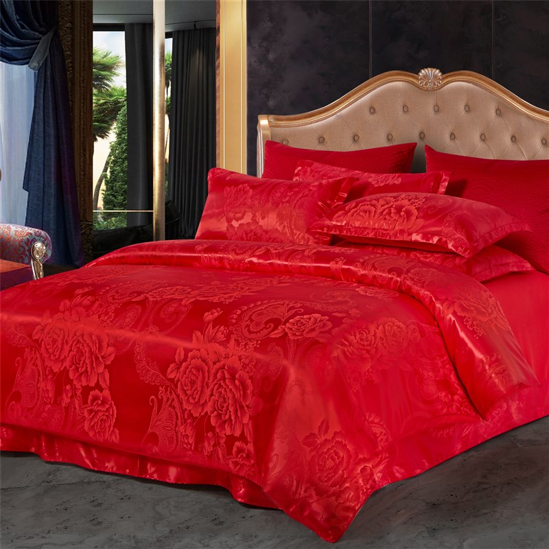 欧式奢华贡缎提花四件套床单被罩婚庆三件套结婚大红床上用品