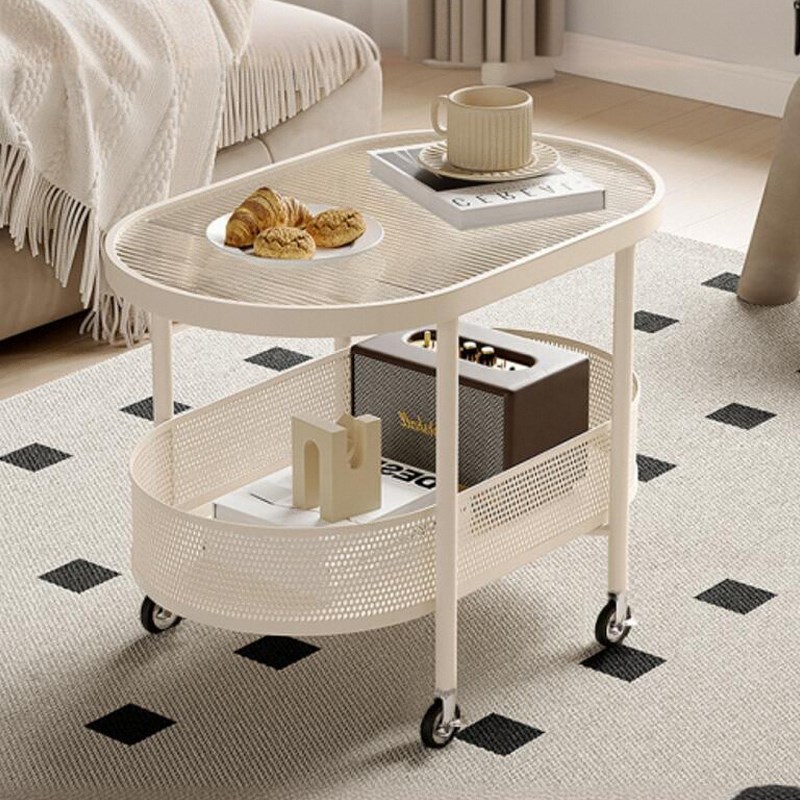 可移动茶几奶油风玻璃边几客厅轻奢家用沙发侧边柜简约带轮小推车