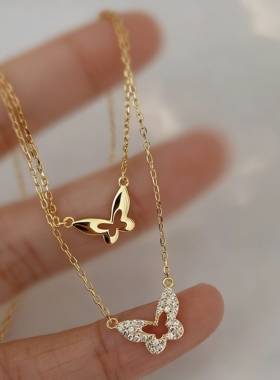 通体925银绝美双层蝴蝶项链镀18K金超闪钻镂空精致气质百搭锁骨链