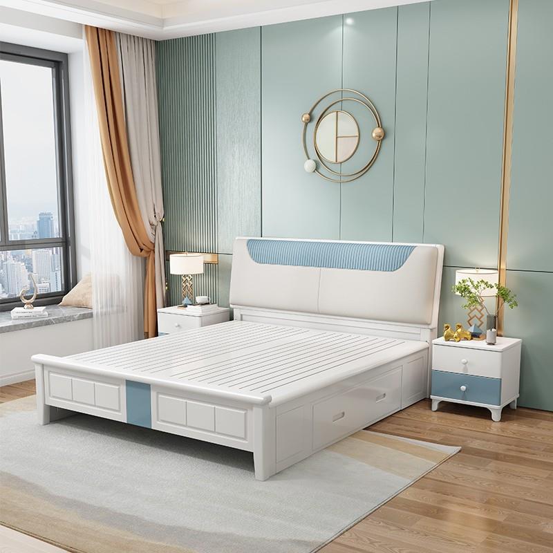 白色软包1.8米实木床北欧现代简约轻奢主卧室双人1.5高箱储物婚床