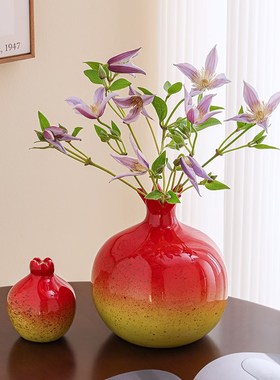 花瓶陶瓷摆件轻奢高级感客厅餐桌插花装饰品办公桌面红色石榴水培