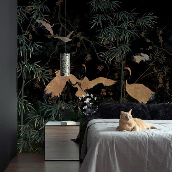 山水新中式仙鹤壁纸复古轻奢墙纸客厅电视背景墙定制壁画餐厅墙布