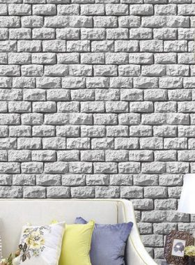 浅灰色3D韩式砖块墙纸 书房餐厅饭店茶室背景 工业风砖纹防水壁纸