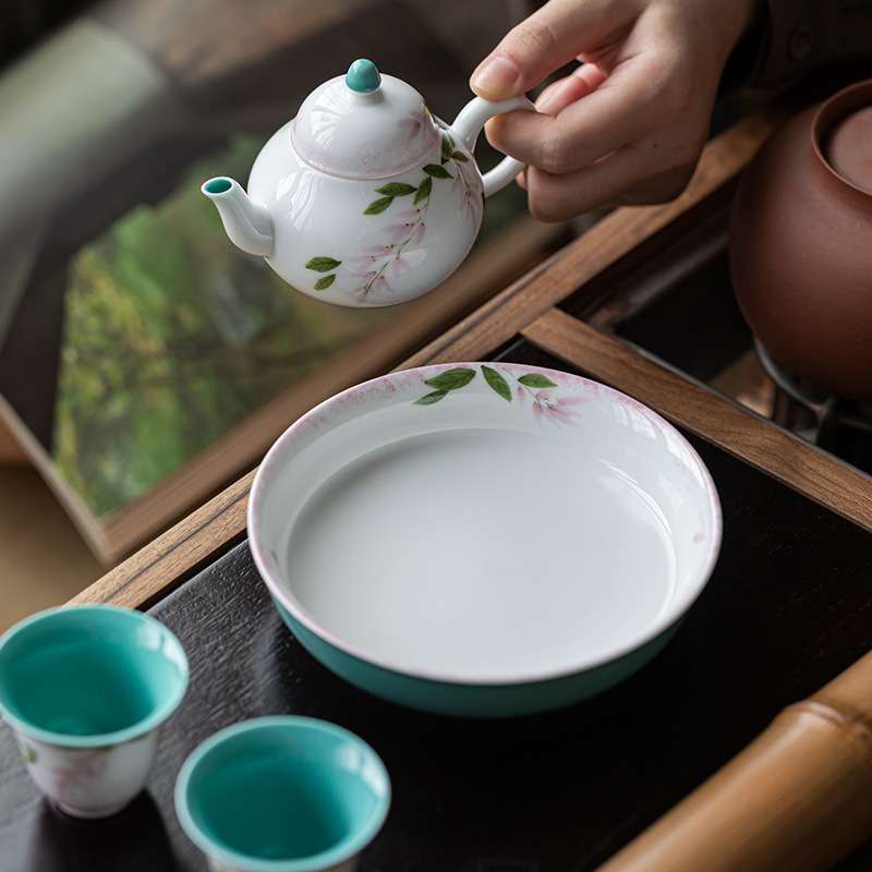 皓澜纯手绘紫藤花壶承陶瓷茶壶托盘盖碗底托松石绿茶点盘小托盘