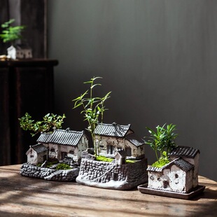 懒人盆栽创意陶瓷房子绿植花盆文竹水养办公桌发财树摆Z件植物盆