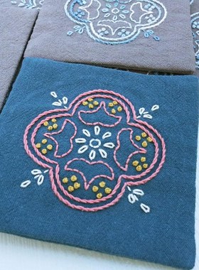 窗花茶席刺子绣材料包灰色湖蓝色手工解闷自绣隔M热垫茶道22*30cm