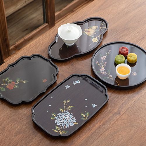 手绘竹制干泡盘茶台国潮人手工小型壶承家用复古功夫茶具茶壶托盘