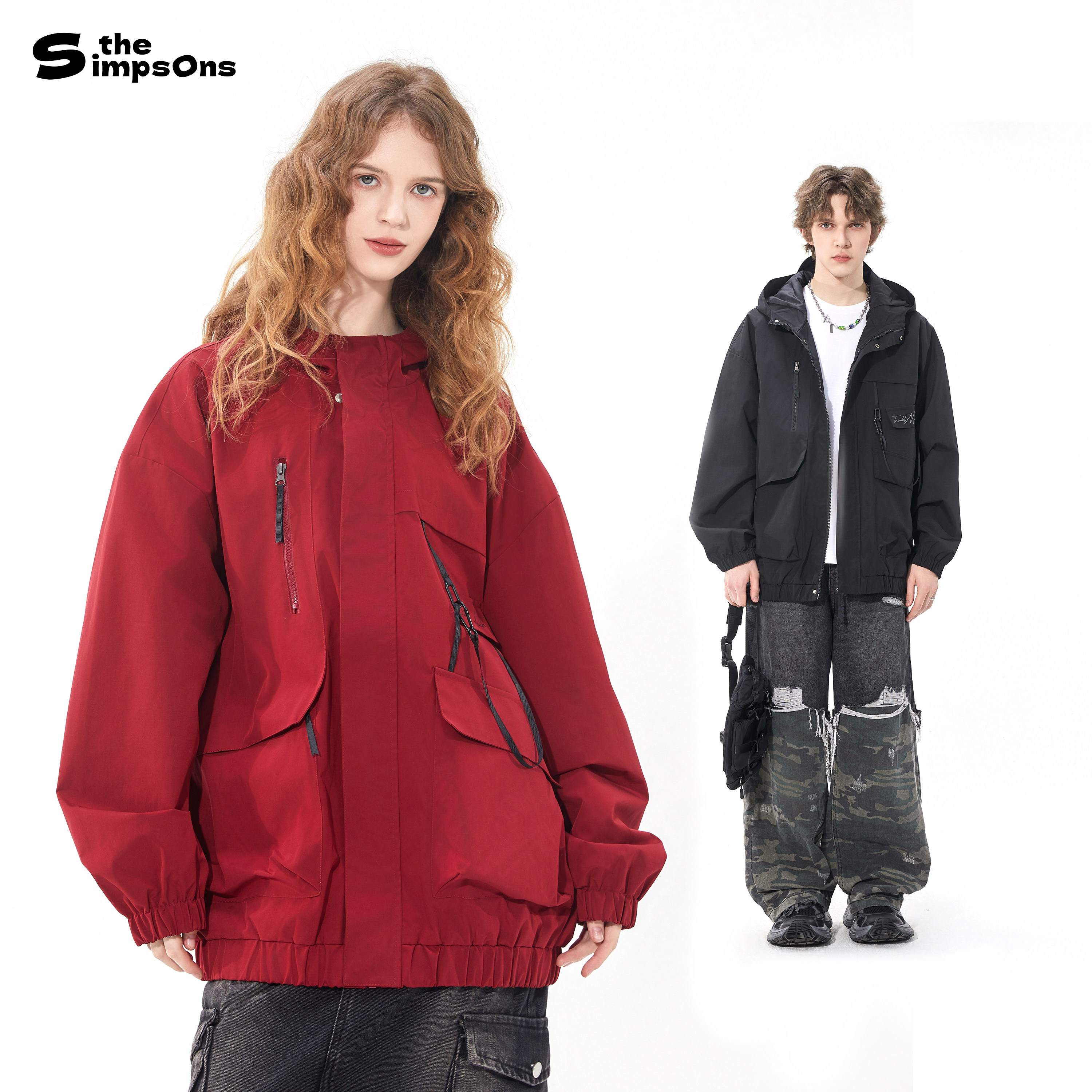辛普森一家美式复古红色夹克工装外套男女款2026新款防风冲锋外套