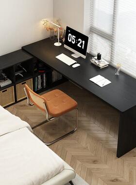 黑色实木L型转角桌书柜一体电脑桌卧室家用电竞桌子学生窗边书桌