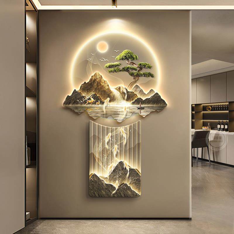 九鱼图入户门玄关装饰画轻奢客厅走廊尽头挂画中式正对墙发光壁画